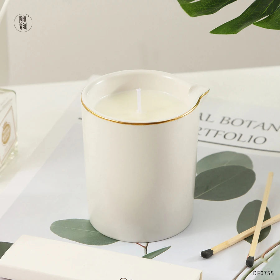 Wholesale Custom White Essential Oil Ceramic Candle Jars Empty Massage Candle Jar with Spout