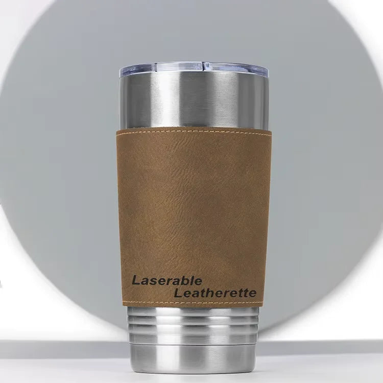 Custom Personalized Business Gifts Stainless Steel Laser Engraved Leather Coffee Cup Sleeve 20oz Laserable Leatherette Tumbler