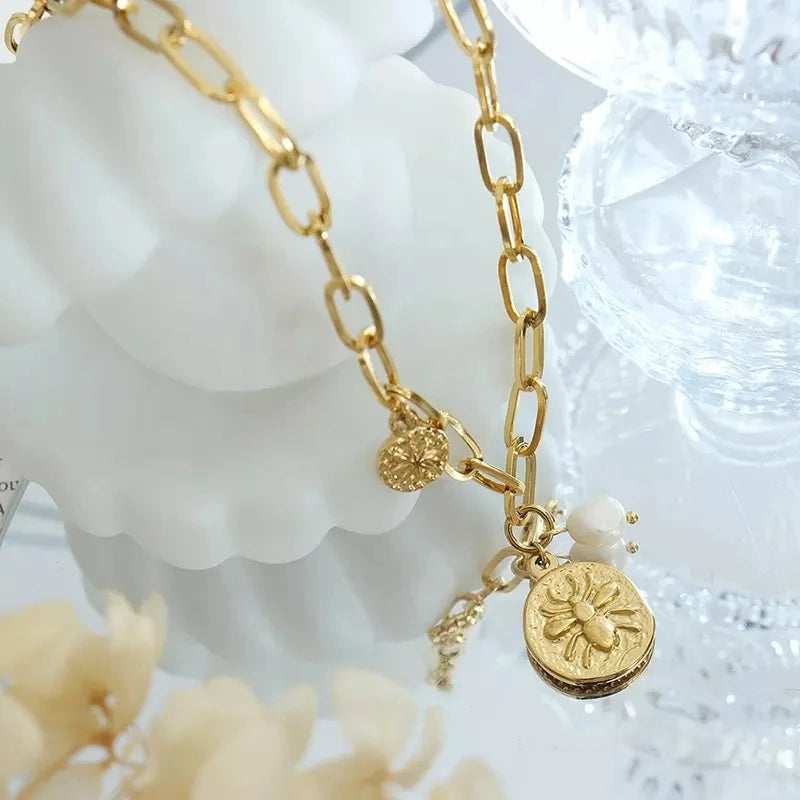 Stainless Steel 18k Gold Plated Jewelry Round Brand Thick Chain Freshwater Pearl Pendant Necklace