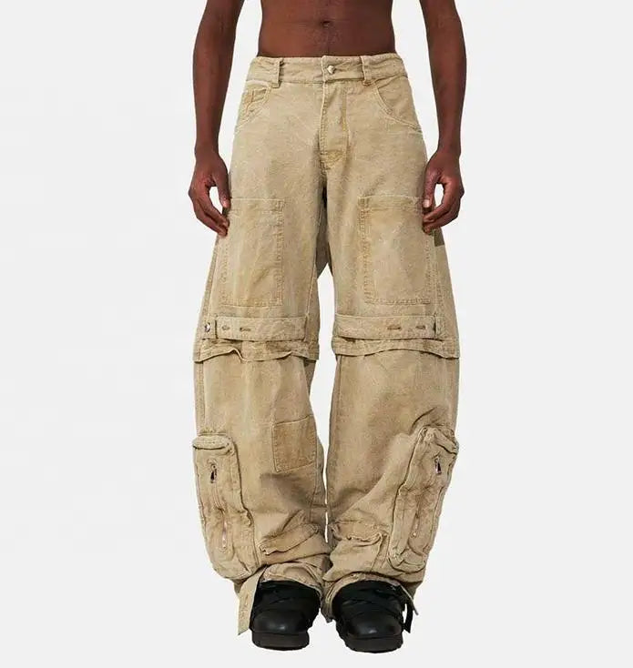 Men's Casual Mid Waist New Sun Faded Vintage Acid Wash Oversized Multi-Pocket Baggy Sweatpants Removable Zipper OEM Cargo Pants