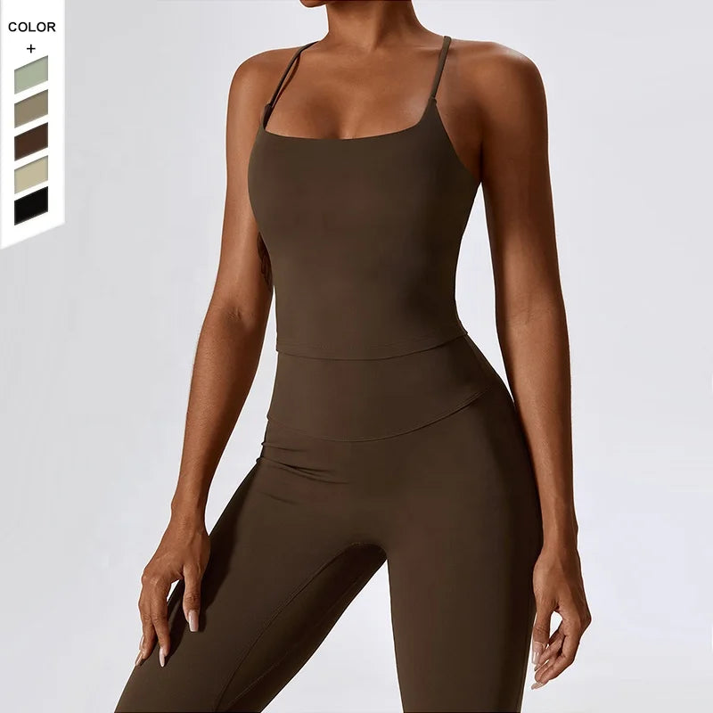 In Stock Softness Skin Friendly Sports Set Thin Shoulder Strap Tank Top Scrunch Butt Pants Yoga Two Piece Set
