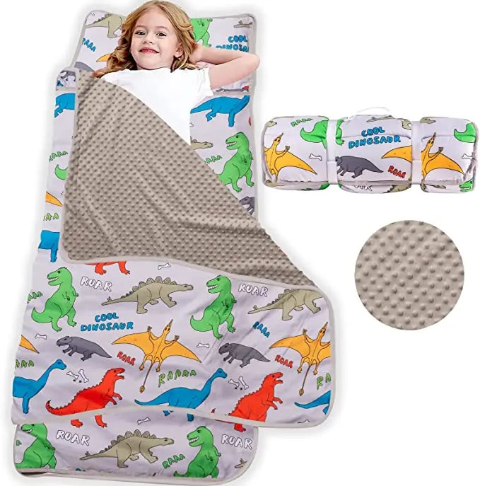 Floral Pattern Toddler Nap Mat with Pillow & Knitted Fleece Blanket Portable Daycare Sleeping Bag for Preschool Boys and Girls