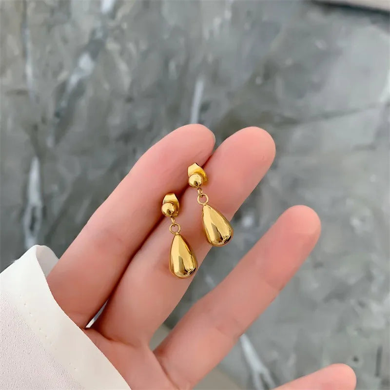 YF4028 Fashion Hypoallergenic Simple 18K Gold Plated Stainless Steel Teardrop Earring Long Dangle Waterdrop Hollow Stud Earrings