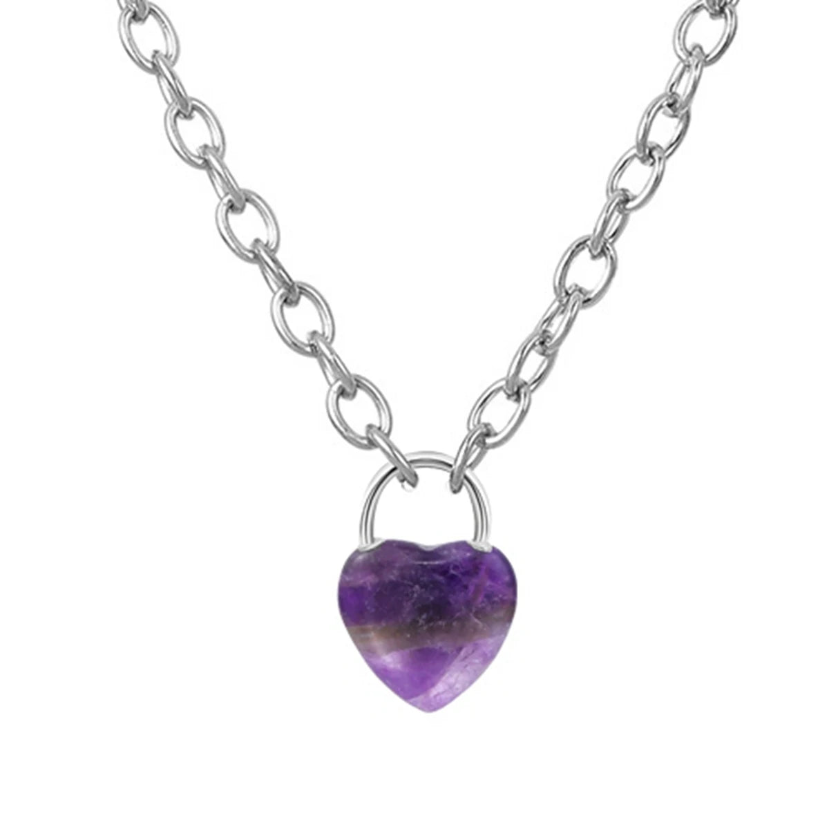Good Quality Natural Crystal Gemstone Love Heart Lock Charm Pendant Necklace with Alloy Chain for Men and Women