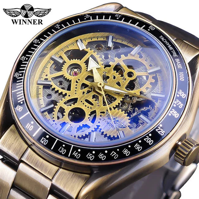 Winner Top New Luxury Blue Glass Gear Movement Transparent Mens Automatic Wrist Watch  Male 3D Skeleton Mechanical Wrist Watch