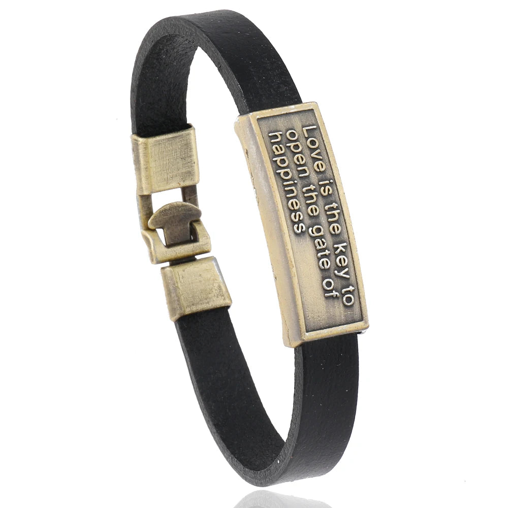 Simple Genuine Leather Bangle Letter Vintage Leather Easy Hook Cuff Bracelets for Men