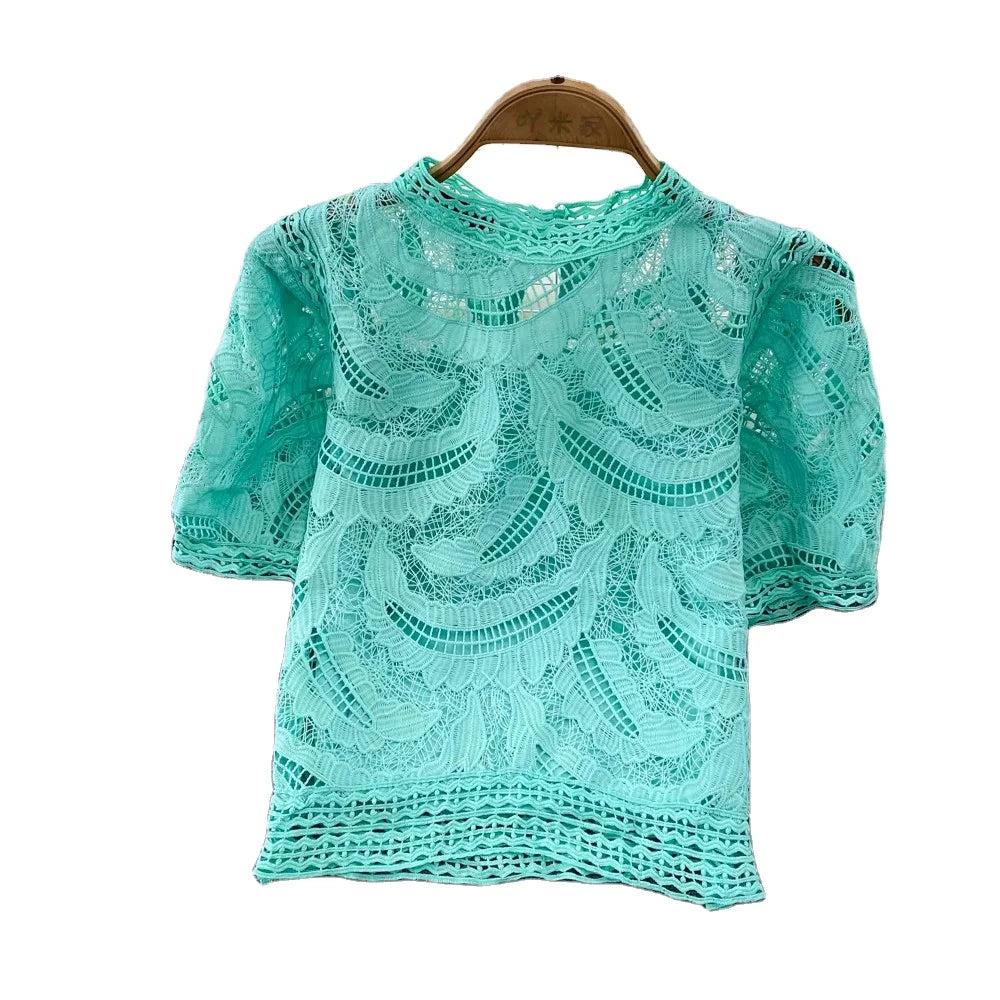 Vintage Puff Sleeve Blouses Hollow Out Crochet Floral Crop Tops Korean Summer Elegant Shirts Fashion Women New Casual Short Top