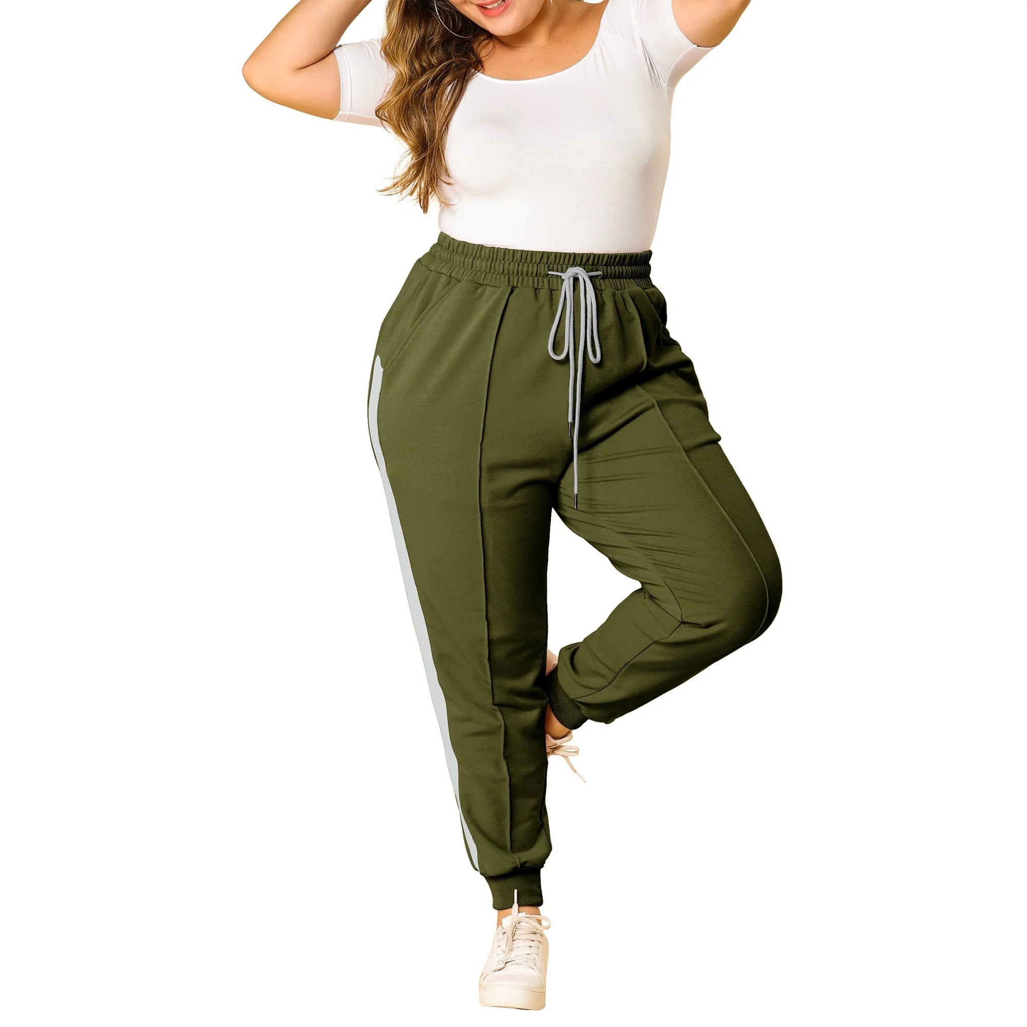Plus Size Pant Solid Color Side Striped Pockets Joggers Slim Fit Sweatpants Pant Elastic Waistband Trouser With Drawstring