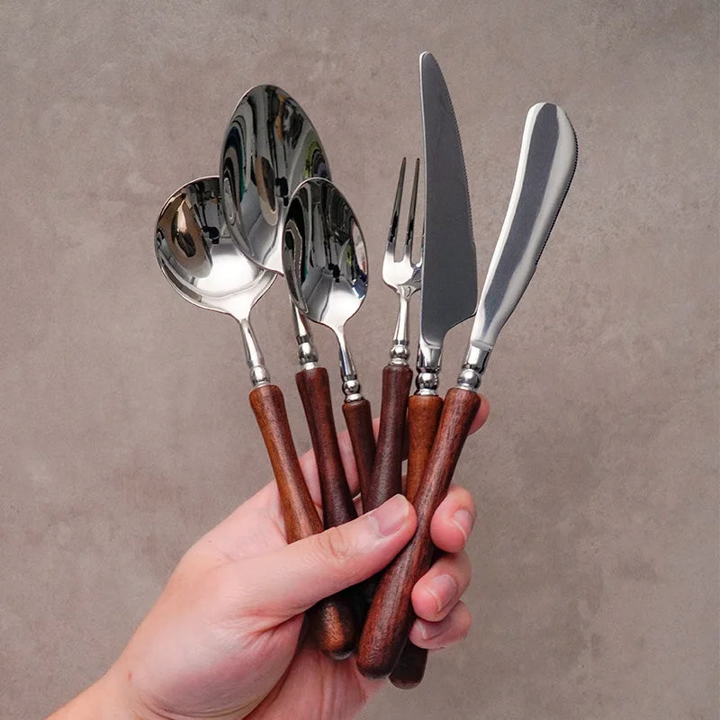 Luxury 304 Stainless Steel Flatware Set Vintage Dark Wood Handle Cutlery Knife Fork Spoon Service for Bistro Hotel Restaurant