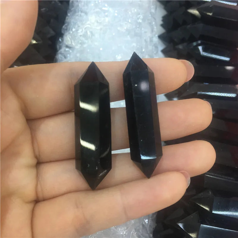 Natural Rock Black Obsidian Carved Double Terminated Point Wand Tower Quartz Crystal for Home Decor Other Crystal Crafts