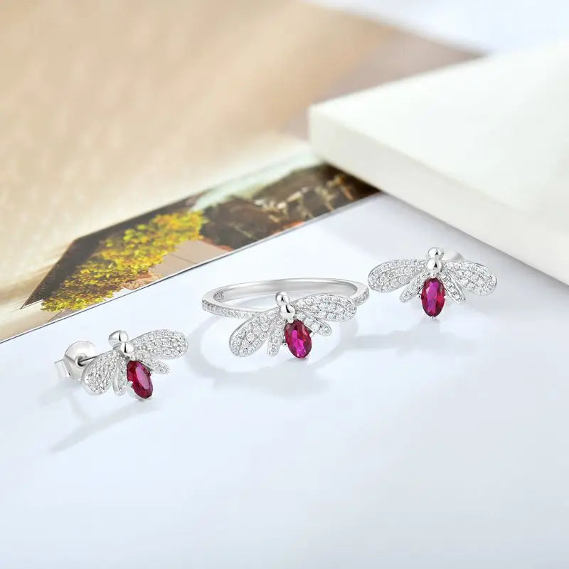 Mother'S Day Birthday Gift 925 Sterling Silver Women Fashion Red Zirconia Insect Jewelry Silver Bee Stud Earrings