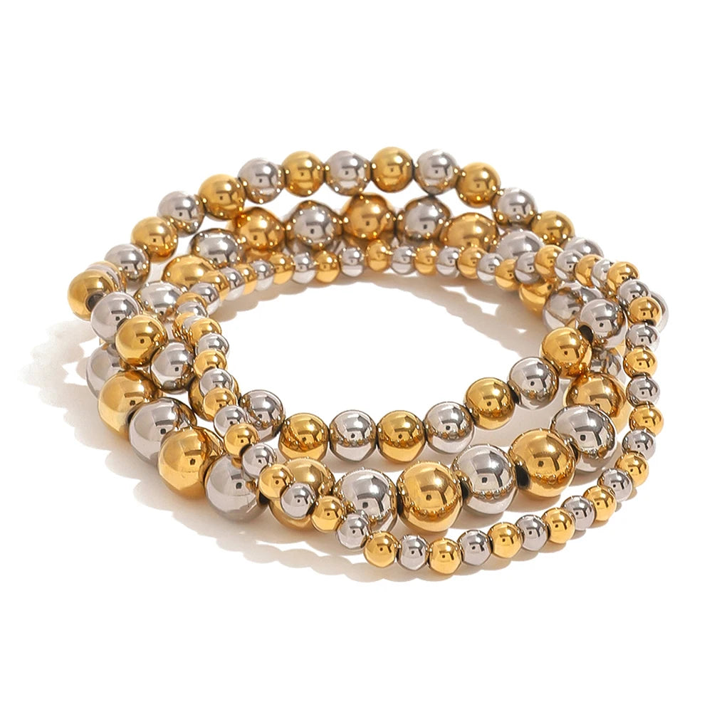 J&D New 4MM 6MM 8MM Gold Silver Two Tone Beads Bracelet 18k PVD Stainless Steel Gold Plated Beaded Elastic Rope Bracelet