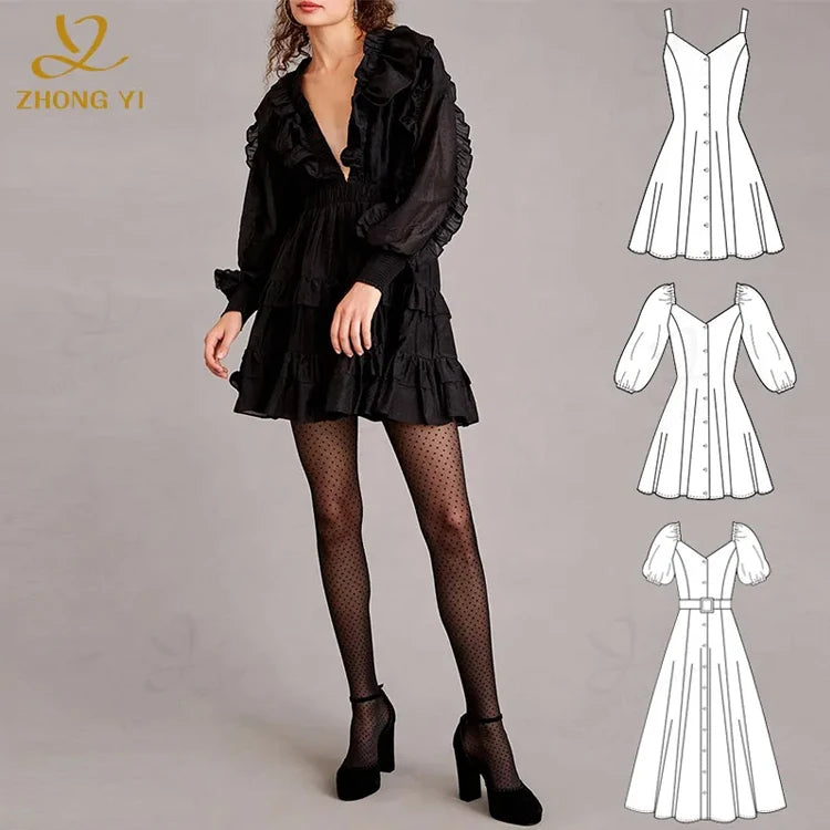 Deep V  Ruffled Women Dress Clothing Manufacturers Custom Fashion Design Tie Back Long Sleeves Backless Casual Short Dresses