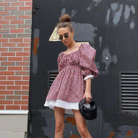 New Arrivals 2023 Fall Wholesale Loose Puff Sleeve Short Dress Floral Printed Dresses Women Lady Elegant Casual Women's Dresses