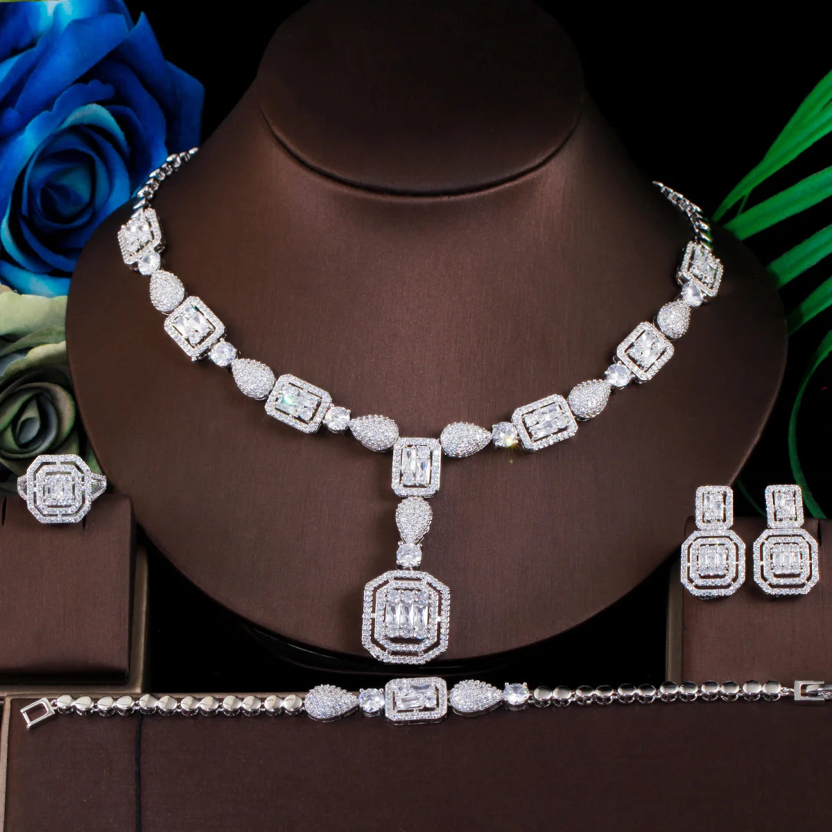 Royal Shiny Cubic Zirconia Wedding Bridal Party Necklace Earrings Bracelet Gold Filled Jewelry Sets Accessories for Women