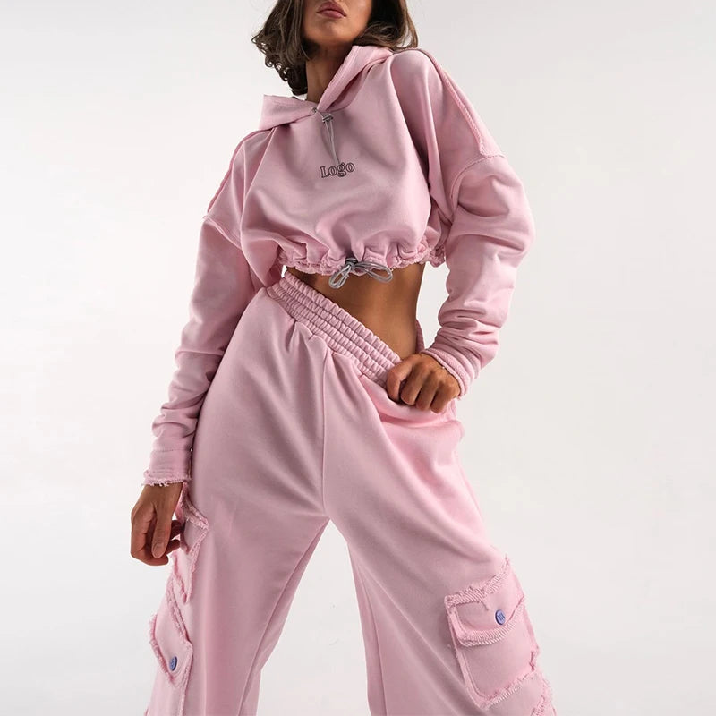 F240032 Custom 2025 Spring Fleece Tracksuit Women Long Sleeve Crop Top Hoodie and Cargo Pants Two Pieces Jogger Hoodie Set