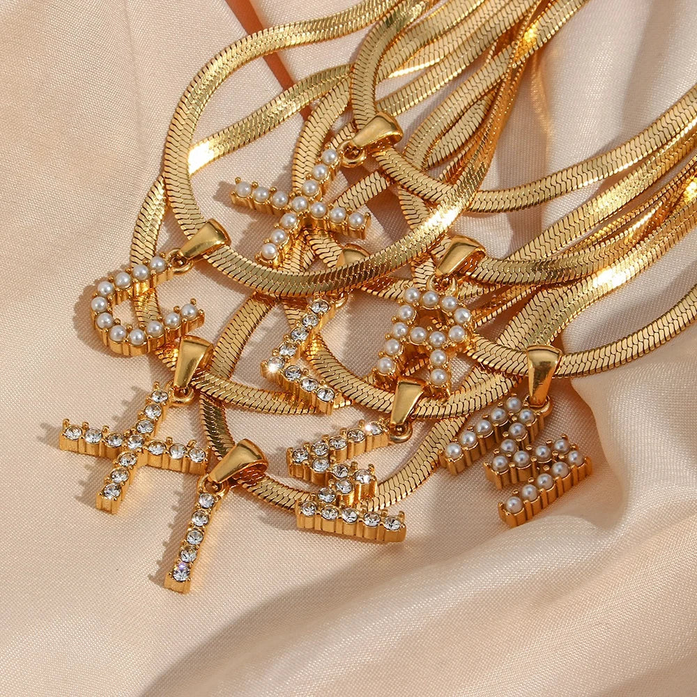 Personalized Initial Necklace 18K Gold Plated Stainless Steel Pearl Zircon Paved Gold Plated Necklace Jewelry
