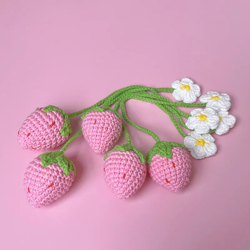 Cute Crochet Plant Flower Hanger Decor Strawberry Car Charm Rear View Mirror Ornament with Lace Decoration Patches Type
