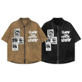 Retro Men Summer Clothes Short Sleeve Collar Distressed Embroidery Zip up Work Shirt
