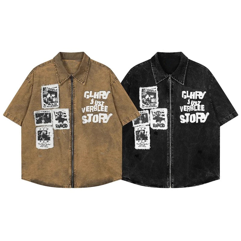 Retro Men Summer Clothes Short Sleeve Collar Distressed Embroidery Zip up Work Shirt
