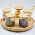 3 Piece Small Round Glass Storage Jar Tea With Bamboo Wood Spoons 300Ml