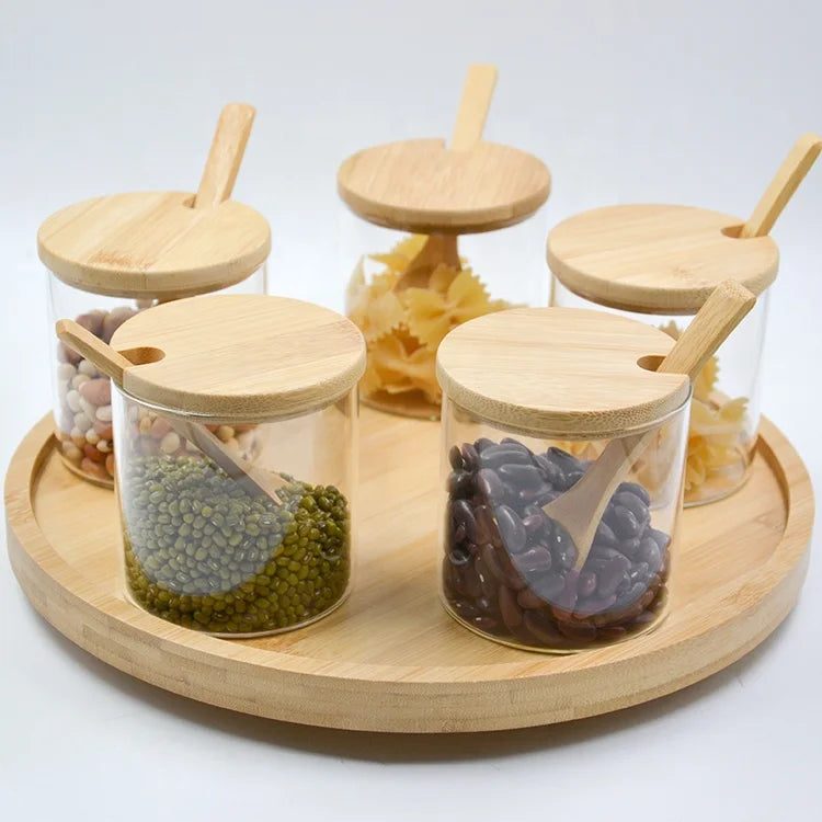 3 Piece Small Round Glass Storage Jar Tea With Bamboo Wood Spoons 300Ml