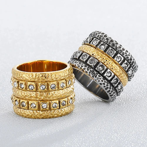 Bullying Personality Men's Titanium Steel Jewelry Style Double Row Set Diamond Hammered Wide Edge Exaggerated Rings