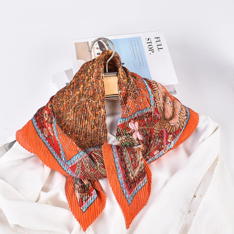 QL Large Square Crepe Hijab Floral Print Pleated Bandanna Scarf Wrinkle Silk Headscarf for Women Party Style for Summer