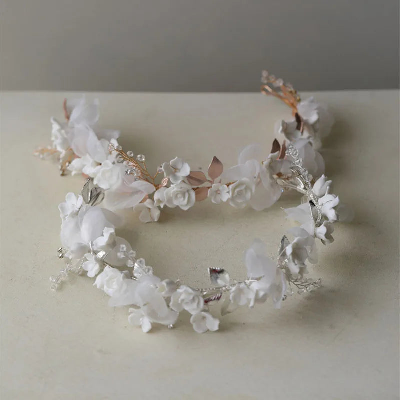 SLBRIDAL Handmade Rhinestones Crystal Pearls Ceram Chiffon Flower Leaf Bridal Tiara Wedding Bridesmaids Crown Women Hair Jewelry