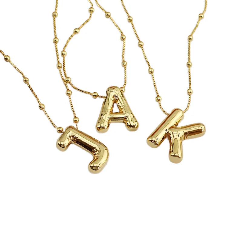 NM1291 Popular 18k Gold Plated Bubble Puff Puffy Alphabet Letter Charm Pendant Necklaces Balloon Initial Necklace for Women