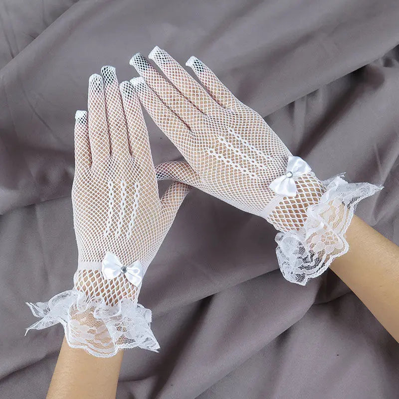 Sexy Thin Mesh Lace Gloves Hollowed Out and Elastic Lace Gloves With Bowknot Women Wedding Gloves