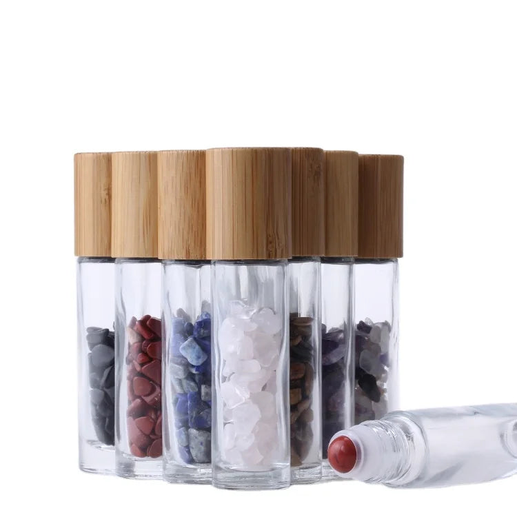 IBELONG 10ml Transparent Gemstone Essential Oil Glass Roll on Bottle with Bamboo Cap Gemstone Roller Bottle Supplier