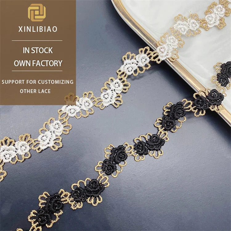 Bar Code Embroidery Lace Trim in Black White Gold with Rose Water Soluble for Clothing & Shoe Accessories Fabric