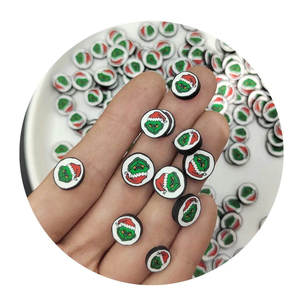 Christmas Cartoon Green Animal With Red Hat Polymer Clay Slices for DIY Crafts Slime Filling Accessories