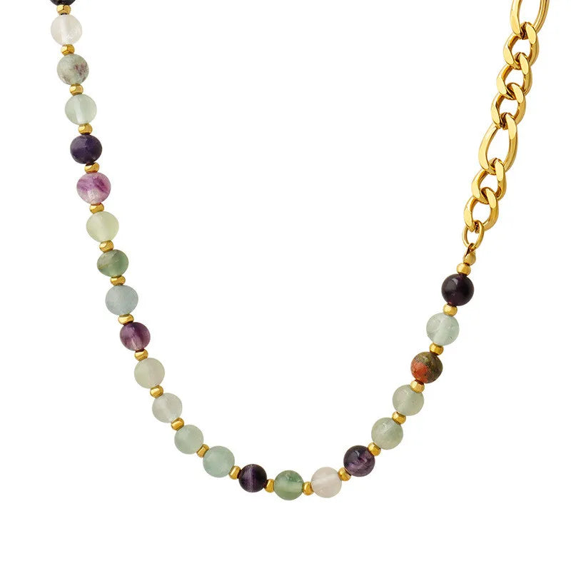 Stainless Steel 18K Gold Plated Chain Link Natural Handmade Beaded Necklace with Natural Fluorite Fashion Women Jewellery