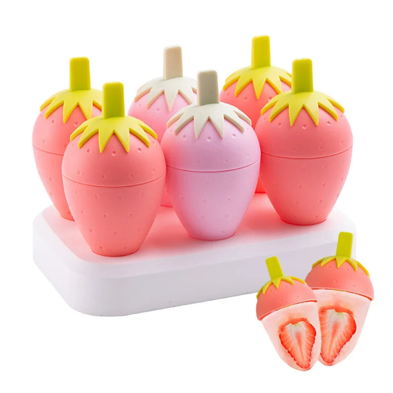 Reusable Easy Release Strawberry Ice Cream Mold Food Grade Silicone Children's Homemade Popsicle Box Container Ice Cube Tray