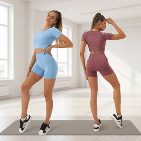 Wholesale Seamless Gym Activewear Yoga Sets 2 Pieces Sports Running Fitness Wear Short Sleeves Crop Top Butt Lift Shorts Women