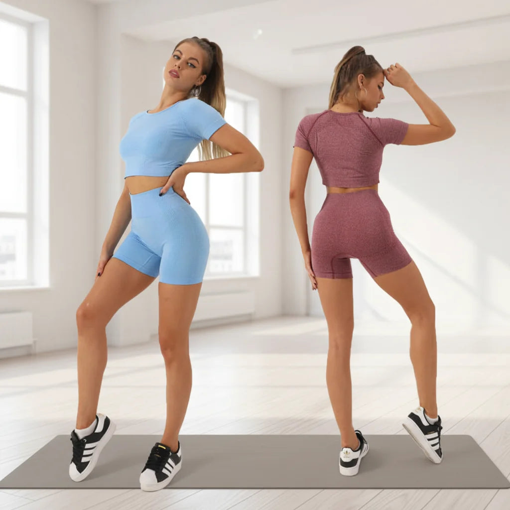Wholesale Seamless Gym Activewear Yoga Sets 2 Pieces Sports Running Fitness Wear Short Sleeves Crop Top Butt Lift Shorts Women