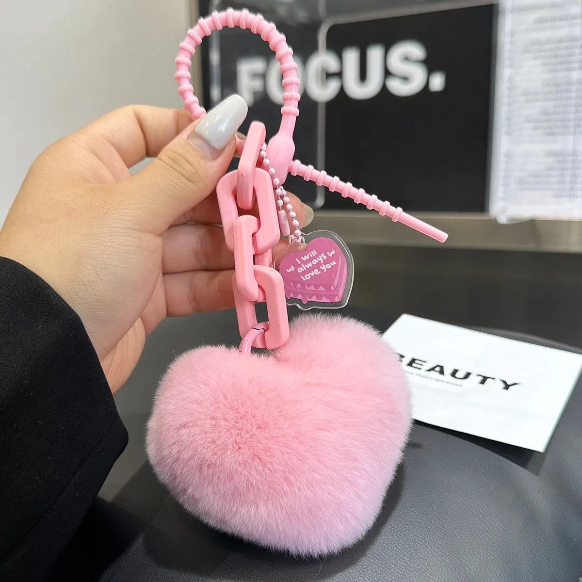 Promotion Gift Soft pink Loved Heart Shaped Animal Rex Rabbit Furry Fur Pom Pom Ball Key Chain Accessories Keychains