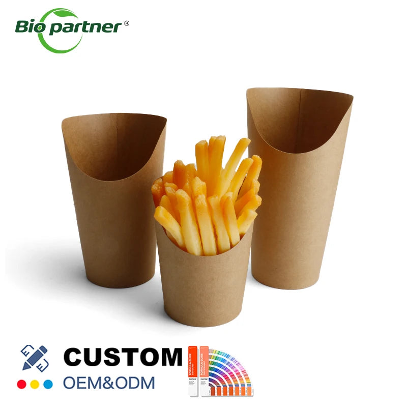 Reusable Kraft Paper French Fries Snack Boxes Holder Takeaway Slanted Egg Puffs Cups Disposable Folder Type