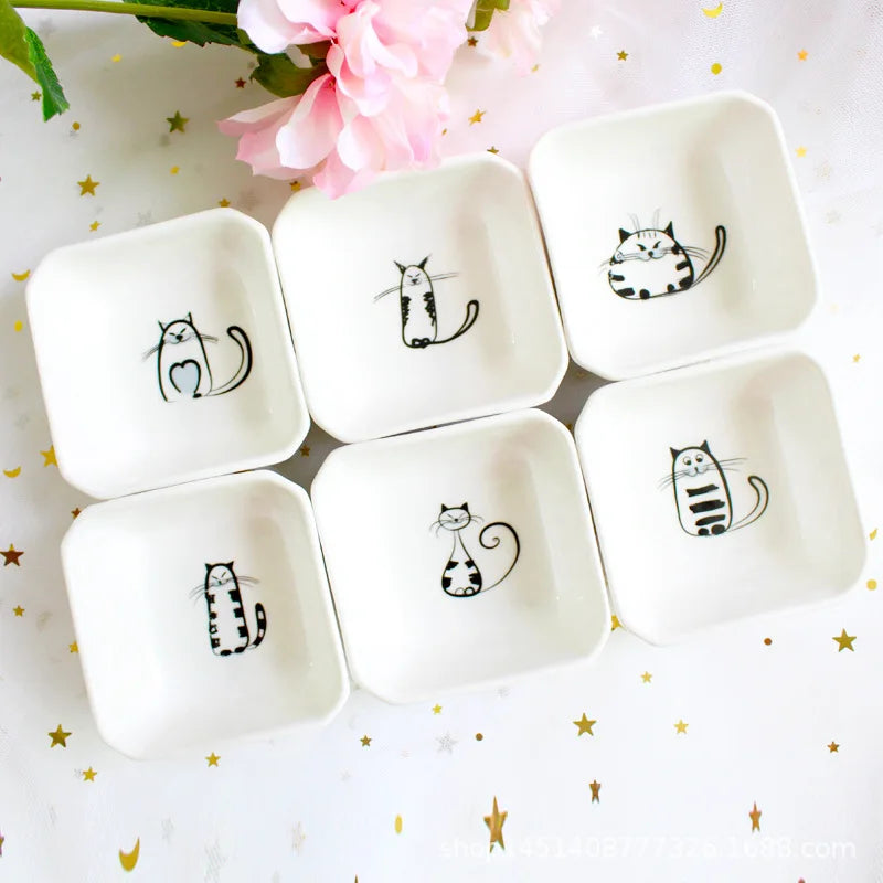 SOLHUI Super Cute Square Shape Cat Ceramic Sushi Soy Dipping Bowl/Appetizer Plates/Serving Dish for Kitchen Home