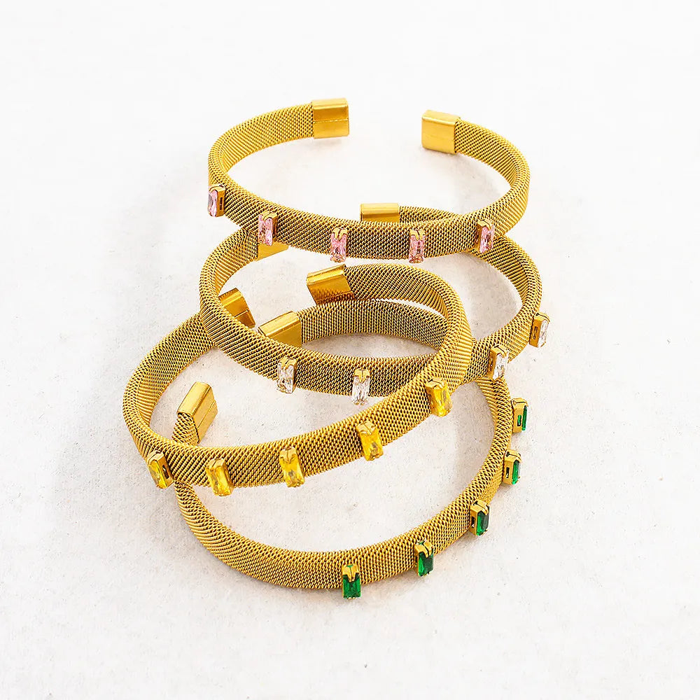Stainless Steel Pvd Plating 18k Gold Plated Mesh Hand Cuff Bracelet with Zircon Beads Charms Bracelet Jewelry for Women
