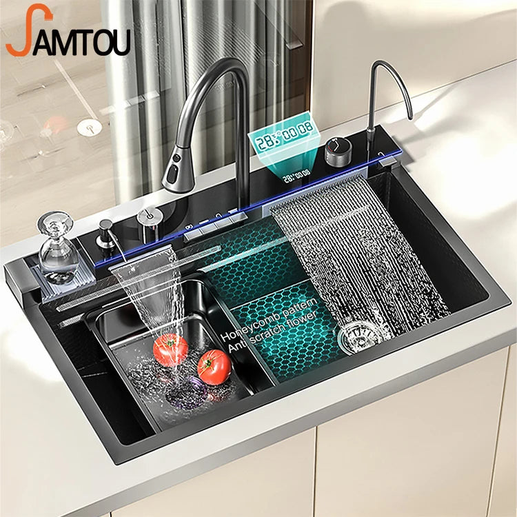 Luxury Multifunctional Kitchen Sinks Stainless Steel Sink Waterfall Rainfall Single Bowl Kitchen Sink Accessories with Cup Wash