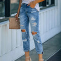 Winter New Fashion Trends High Waist Denim Blue Custom Logo Holes Distressed Ripped Loose Breathable Eco-Friendly Women's Jeans