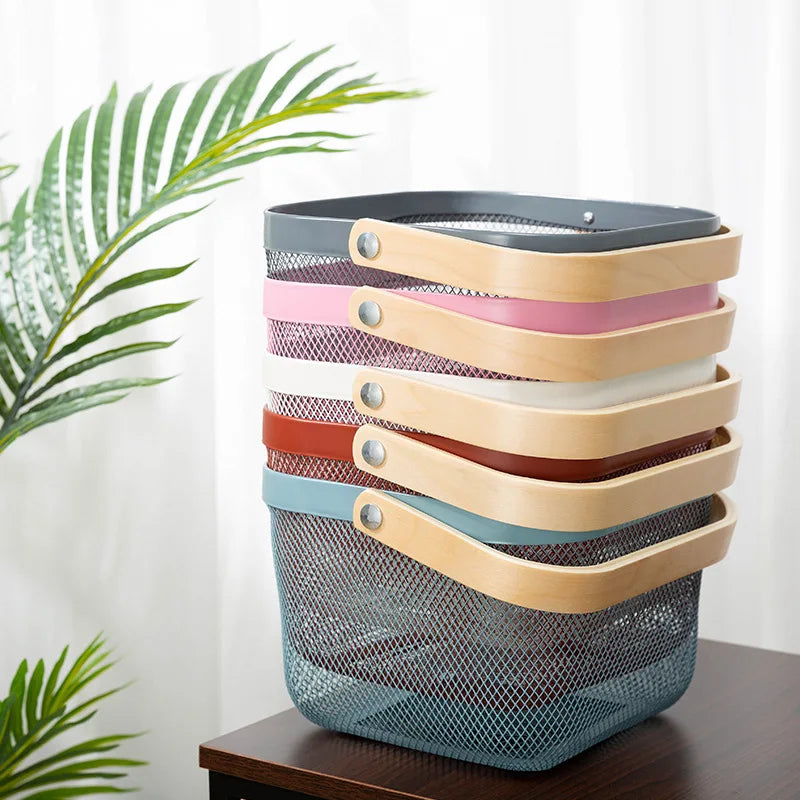 Fashionable Rectangular Wooden Handle Storage Basket Portable Wrought Iron Wire Mesh for Fruit & Vegetable for Kitchen Use