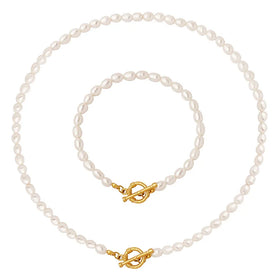 Luxury Real Natural Pearl Jewelry Stainless Steel Gold Plated 4-5mm Freshwater Pearl Choker Necklace Bracelet Set for Women