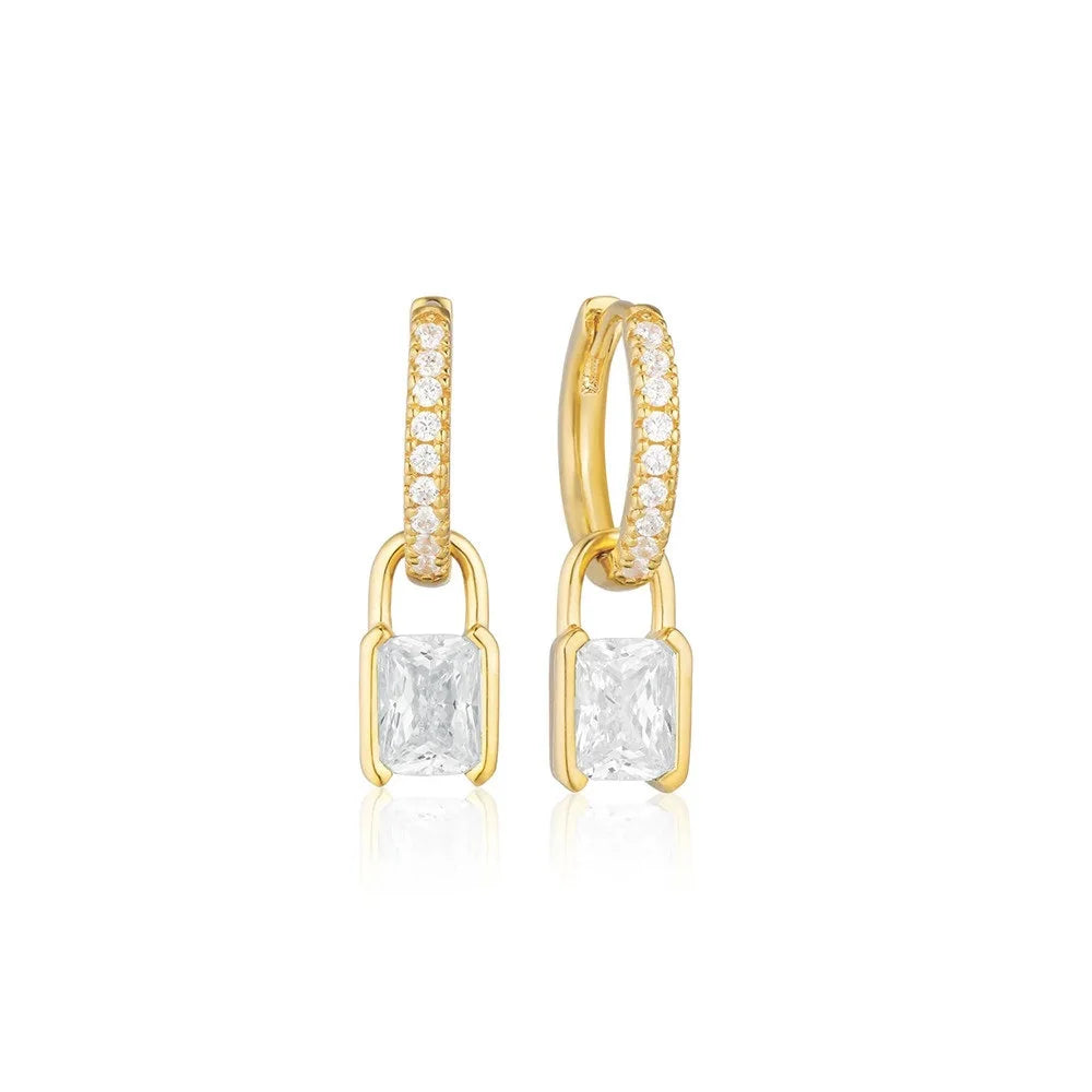 925 Sterling Silver Imitation Rectangle Zirconia Pave Huggie Earrings Pearl Drop Earrings