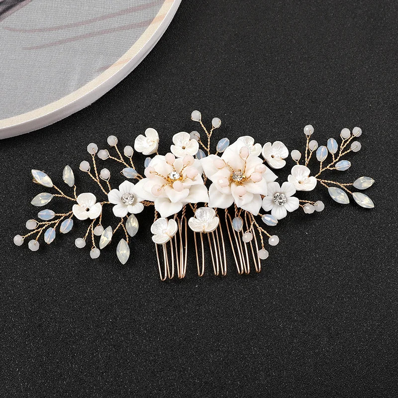 LUOXIN Elegant Opal Crystal Wedding Hairr Accessories Rhinestone Pearls Ceramic Flower Bridal Hair Comb