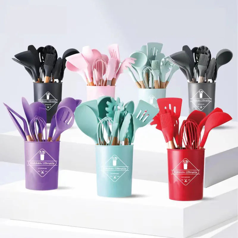 Wholesale 12 Piece Modern Multifunction Kitchen Storage Utensils Accessories Kitchen Gadget Cooking Tools Set with Wooden Handle