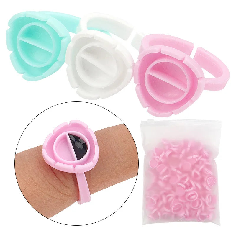 Yelix Adjustable 100pcs Heart Shape Disposable Plastic Lash Glue Ring pink Blue Eyelash Extensions Blossom Cup Holder Glue Rings